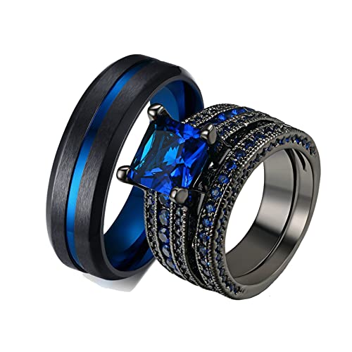 ANAZOZ 2 Stück Eheringe Paarpreis Edelstahl Vergoldet 6mm Breit Gebürstet Solitär Diamantring Blau Damen Partnerringe Bandringe Herren Ring Schwarz Frau:54 (17.2) & Mann:60 (19.1) von ANAZOZ