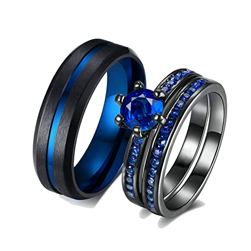 ANAZOZ 2 Stück Eheringe Paarpreis Edelstahl Vergoldet 6mm Breit Gebürstet Solitär Diamantring Blau Paarringe Ausgefallen Hochzeit Ringe für Paar Schwarz Frau:57 (18.1) & Mann:60 (19.1) von ANAZOZ