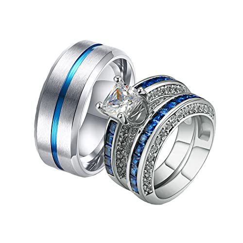 ANAZOZ 2 Stück Eheringe Paarpreis Edelstahl Vergoldet 8mm Gebürstet Solitär Diamantring Blau Ringe Partnerringe Trauringe Set Silber Blau Frau:57 (18.1) & Mann:54 (17.2) von ANAZOZ