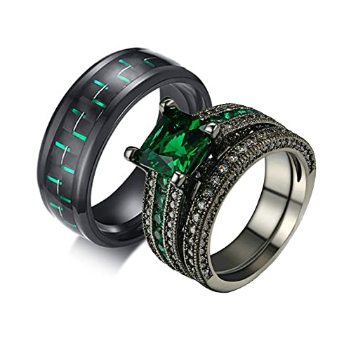 ANAZOZ 2 Stück Eheringe Paarpreis Edelstahl Vergoldet 8mm Kohlefaser Claddah Solitär Diamantring Grün Ringe Bandringe Herren Ring Schwarz Diamantring Breit Frau:60 (19.1) & Mann:65 (20.7) von ANAZOZ