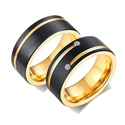 ANAZOZ 2 Stück Eheringe Paarpreis Wolfram 8mm Gebürstet Breit mit Zirkonia Ringe Partnerringe Partnerringe Schwarz Gold Trauringe für Sie und Ihn Frau:54 (17.2) & Mann:65 (20.7) von ANAZOZ