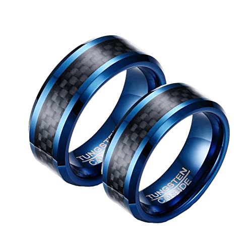 ANAZOZ 2 Stück Eheringe Paarpreis Wolfram 8mm Kohlefaser Bicolor Poliert Ringe Verliebte Ringe Partnerringe Paar Schwarz Blau Fingerring Armband Frau:57 (18.1) & Mann:67 (21.3) von ANAZOZ