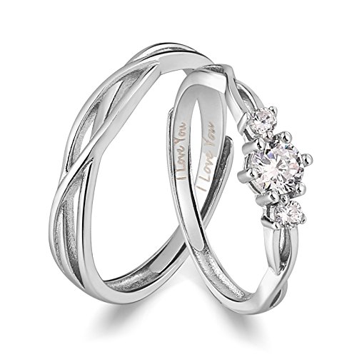 ANAZOZ 2PCS Verlobungsringe Personalisierte Gravur 925 Sterling Silber Offen Eheringe für Sie und Ihn, Zirkonia Kristall Hochzeit Trauringe Paarpreis Einstellbarer Ring von ANAZOZ