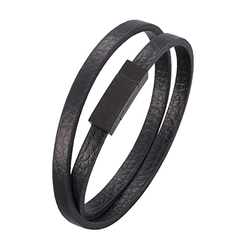 ANAZOZ Armband Frauen Leder, Armbänder Herren Leder Schwarz Breit 6mm Wickelarmband 17,5cm mit Verschluss aus Edelstahl von ANAZOZ