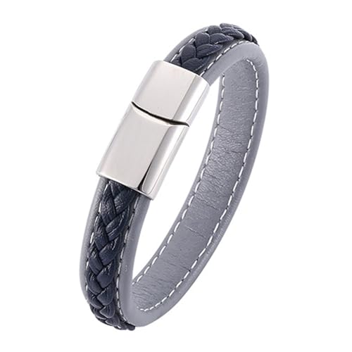 ANAZOZ Armband Frauen Leder Grau Blau, Lederarmband Breit 12mm Armbänder 18,5cm mit Verschluss aus Edelstahl von ANAZOZ