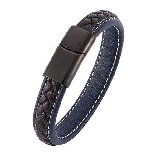 ANAZOZ Armband Herren Leder Blaubraun, Armbänder Leder Damen Breit 12mm Lederarmband mit Verschluss aus Edelstahl 16,5cm von ANAZOZ