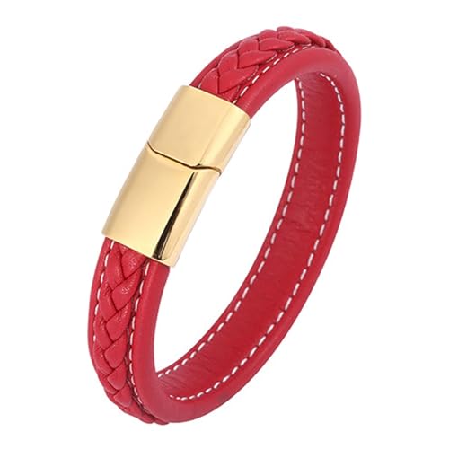 ANAZOZ Armband Herren Leder Rot, Lederarmband Damen Breit 12mm Armbänder mit Verschluss aus Edelstahl 16,5cm von ANAZOZ