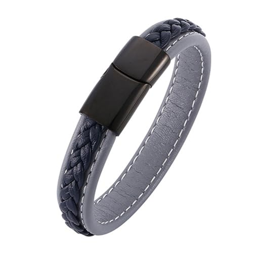 ANAZOZ Armband Leder Herren Grau Blau, Armbänder Leder Frauen Breit 12mm Lederarmband 18,5cm mit Verschluss aus Edelstahl von ANAZOZ