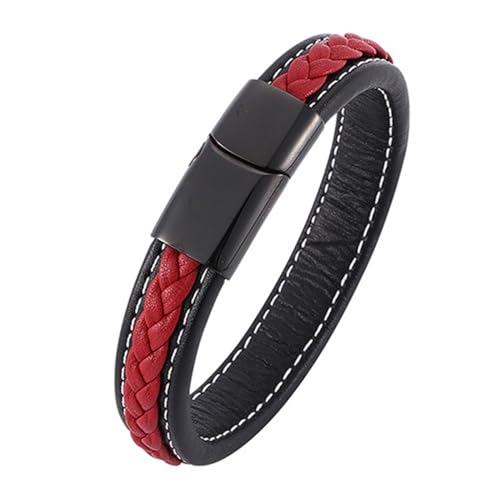 ANAZOZ Armband Leder Herren Schwarz Rot, Lederarmband Damen Breit 12mm Armbänder mit Verschluss aus Edelstahl 20,5cm von ANAZOZ