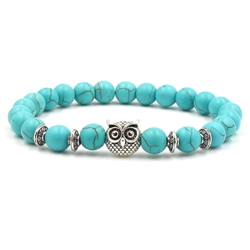 ANAZOZ Armband Steine Damen Verstellbar, Armbänder Herren Perlen Armreif 19cm Länge 8mm Türkis mit Eule von ANAZOZ