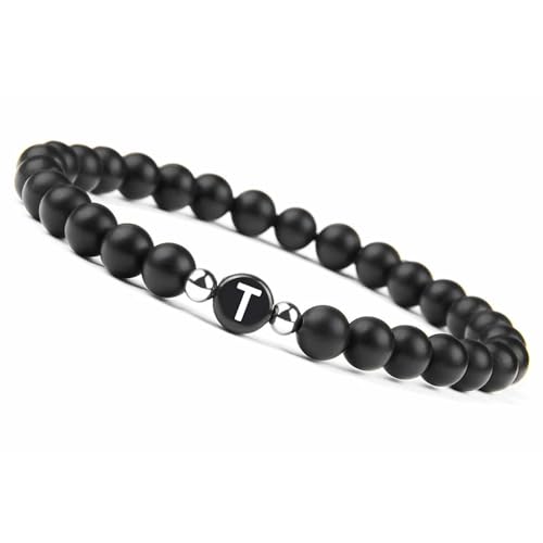 ANAZOZ Armband Verstellbar Herren, Armband Perlen Herren Armreif 17cm bis 21.5cm Länge 6 mm Schwarzer Stein mit Initiale T von ANAZOZ