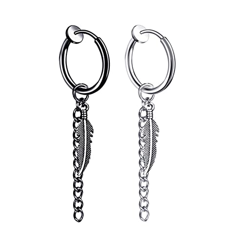 ANAZOZ Clip Ohrringe Ohne Ohrlöcher, Ohrringe Creolen mit Anhänger Edelstahl Kette Quaste und Feder von ANAZOZ
