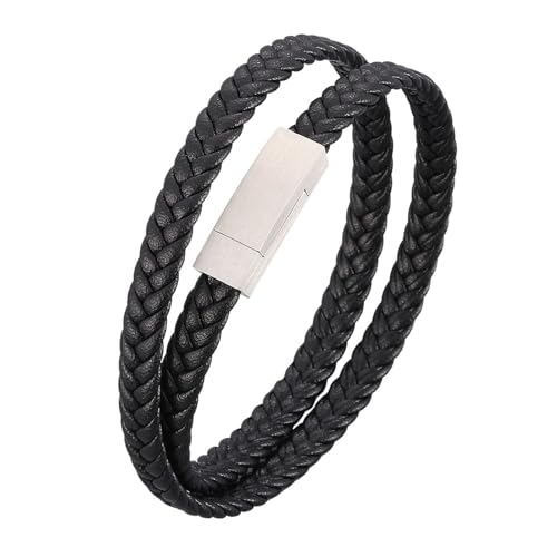 ANAZOZ Damen Armband Leder, Lederarmband Männer Schwarz Breit 6mm Wickelarmband Geflochten 19,5cm mit Verschluss aus Edelstahl von ANAZOZ