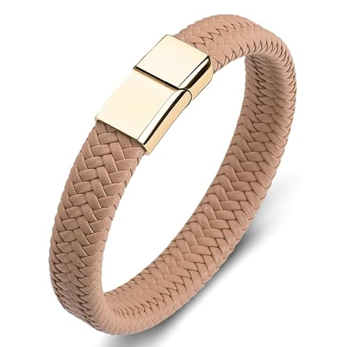 ANAZOZ Damen Armband Leder Aprikose, Lederarmband Herren Breit 6mm Armbänder 18,5cm mit Verschluss aus Edelstahl von ANAZOZ