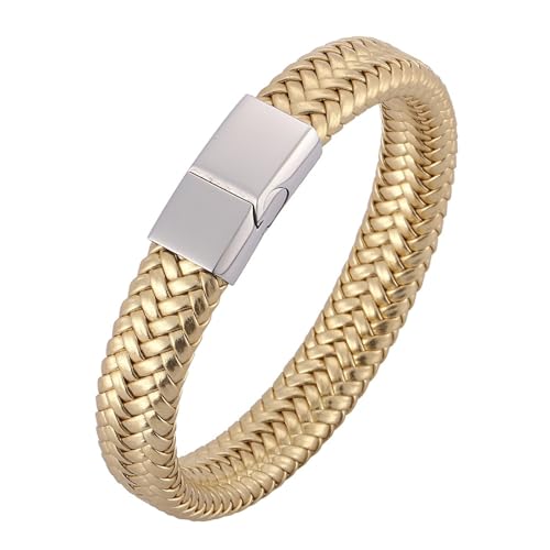 ANAZOZ Damen Armband Leder Gold, Lederarmband Breit 12mm Armbänder 18,5cm mit Verschluss aus Edelstahl von ANAZOZ