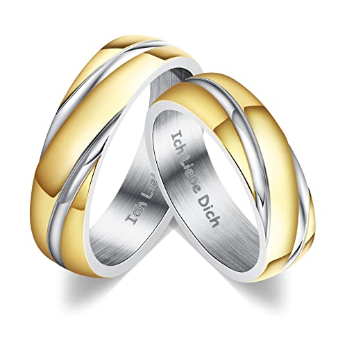 ANAZOZ Edelstahl Ringe Paar, Verlobungsring 6mm Gold 2 Stück Twisted Bicolor Poliert Hochzeit Ringe Paar Größe 62 set von ANAZOZ