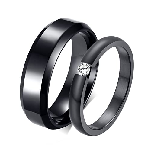 ANAZOZ Edelstahl Ringe Set Partnerring, Hochzeit Ringe Paar Personalisierte Schwarzer Ring mit Zirkonia Frau 52 + Mann 57 von ANAZOZ