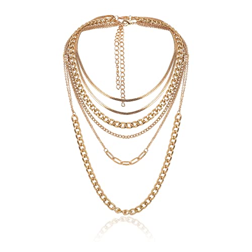 ANAZOZ Layered Kette Gold, Mehrreihige Kette Lang Vergoldet Böhmen Verstellbar 6-in-1 Kubanische Halskette von ANAZOZ