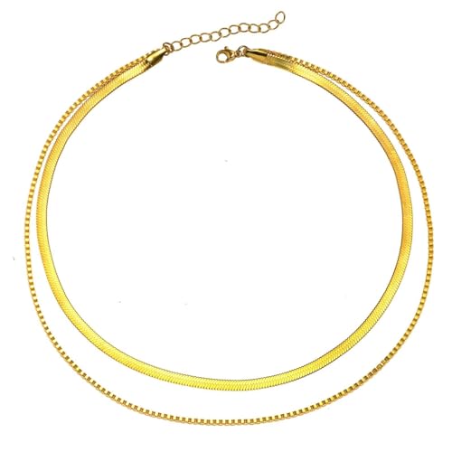 ANAZOZ Mehrreihige Kette Gold Damen, Edelstahl Halskette Damen Verstellbar 40/45+5cm Kastenkette und Schlangenkette von ANAZOZ