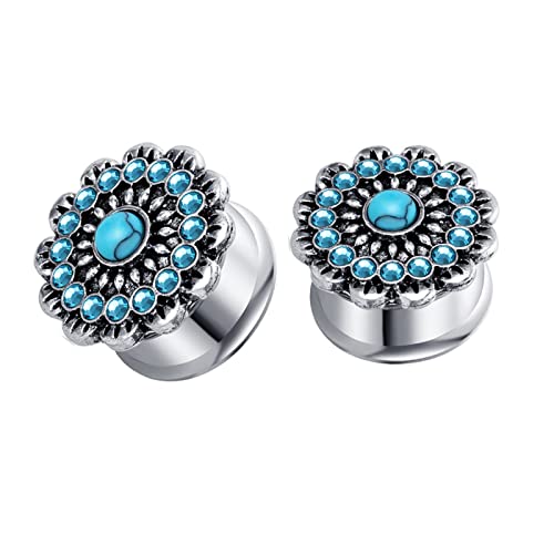 ANAZOZ Ohr Tunnel 10mm, Ohr Plug Damen Edelstahl 2 Stücke Ear Tunnel Expander Ohrpiercing Blume Mit Türkis Und Zirkonia von ANAZOZ