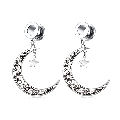 ANAZOZ Ohr Tunnel 12mm, Ohr Plug Damen Edelstahl 2 Stücke Ear Tunnel Expander Ohrpiercing Vintage Mond Und Stern Anhänger von ANAZOZ