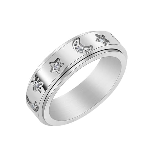 ANAZOZ Ringe Frauen Edelstahl, Ringe mit Gravur für Männer Eheringe Größe 54 (17.2) Drehring mit Stern und Mond 6 mm mit Zirkonia von ANAZOZ