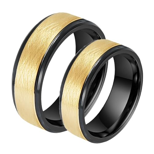 ANAZOZ Ringe Wolfram Paar, Trauringe Personalisierte Ring aus Gebürstetem Schwarzgold Breit 8mm Frau 67 + Mann 67 von ANAZOZ