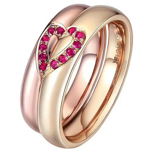 ANAZOZ Verlobungsring Rosegold Gelbgold 18 karat, Hochzeitringset Paar mit Erstellter Rubin Partnerringe Gr. 49 und 67 von ANAZOZ