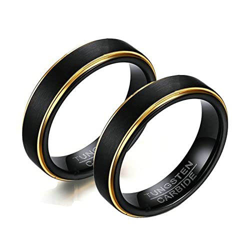 ANAZOZ Wolfram Ring Verlobung Paar Gravur, Ringe Partnerringe mit Gravur Damen gr.57 und Herren gr.60 5mm Schwarzer Gebürsteter Ring mit Goldrand von ANAZOZ