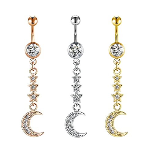 Bauchnabelpiercing Chirurgischer Stahl 14g 3 stück, Bauchnabelpiercing Modeschmuck Damen Stern Mond Anhänger mit Zirkonia von ANAZOZ