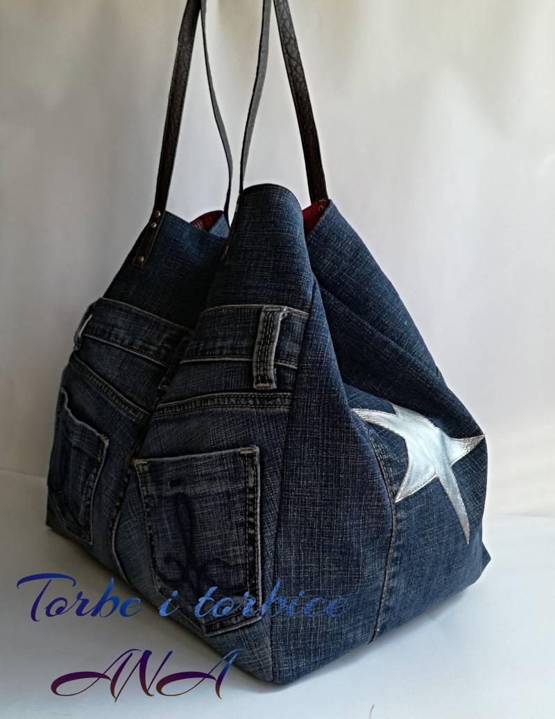 Recycled Denim Bag, Große Jeanstasche Mit Sternen, Schulterhandtasche von ANAbagsDesignStudio