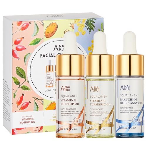 ANAiRUi Gesichtspflege Set 3x20 ml, Squalane Gesichtsöl - Vitamin E Hagebuttenöl + Vitamin C Kurkuma Öl + Bakuchiol Oil für Gesicht, Geschenke für Frauen von ANAiRUi