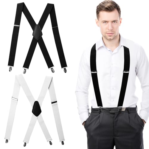 2 STK Weiß Schwarze Hosenträger Herren Extra Stark Breit, 3.5cm Einstellbar Elastische Hosenträger Arbeitshose Skihose Herren Männer Damen, mit Metall Clips von ANBEEISS