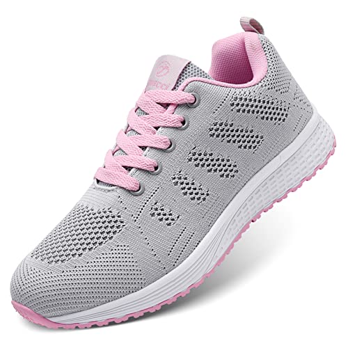 ANBIWANGLUO Damen Turnschuhe Sportliche Laufschuhe Schnürschuhe Atmungsaktive Outdoor Cross Trainer zum Joggen Grau Pink 35 EU von ANBIWANGLUO