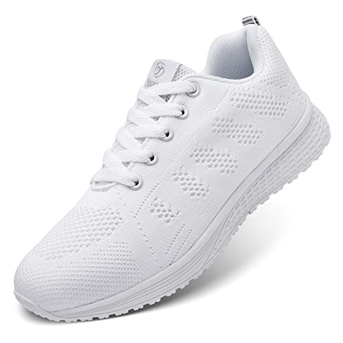 ANBIWANGLUO Damen Turnschuhe Sportliche Laufschuhe Schnürschuhe Atmungsaktive Outdoor Cross Trainer zum Joggen Weiß 44 EU von ANBIWANGLUO