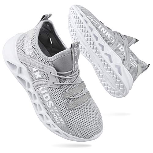 ANBIWANGLUO Jungen Mädchen Turnschuhe Kinder Strickschuhe Leichte Schnürschuhe Trail Running Sneakers Mesh Atmungsaktive Laufsportschuhe mit weichen Sohlen Grau 29 EU von ANBIWANGLUO