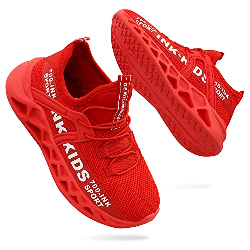 ANBIWANGLUO Jungen Mädchen Turnschuhe Kinder Strickschuhe Leichte Schnürschuhe Trail Running Sneakers Mesh Atmungsaktive Laufsportschuhe mit weichen Sohlen Rot 32 EU von ANBIWANGLUO