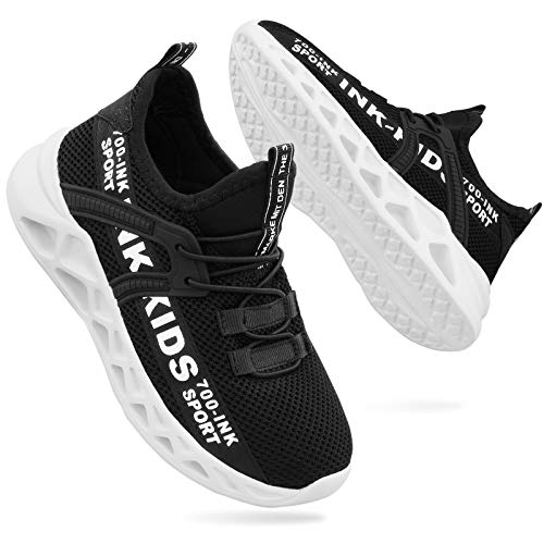 ANBIWANGLUO Jungen Mädchen Turnschuhe Kinder Strickschuhe Leichte Schnürschuhe Trail Running Sneakers Mesh Atmungsaktive Laufsportschuhe mit weichen Sohlen Schwarz Weiß 32 EU von ANBIWANGLUO