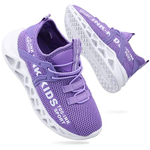 ANBIWANGLUO Jungen Mädchen Turnschuhe Kinder Strickschuhe Leichte Schnürschuhe Trail Running Sneakers Mesh Atmungsaktive Laufsportschuhe mit weichen Sohlen Violett 33 EU von ANBIWANGLUO