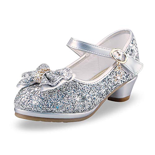 ANBIWANGLUO Prinzessin Schuhe Mädchen High Heels Sandalen Mädchen Pailletten Party Pumps Kinder 26 EU/Etikettengröße 27,Silber von ANBIWANGLUO