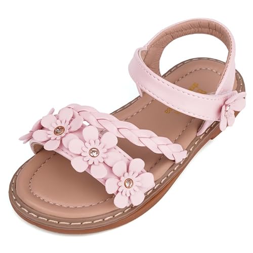 ANBIWANGLUO Sandalen Mädchen Leder Sandalen für Mädchen Sommerschuhe Mädchen Sandales Blumen Rosa,24 EU von ANBIWANGLUO