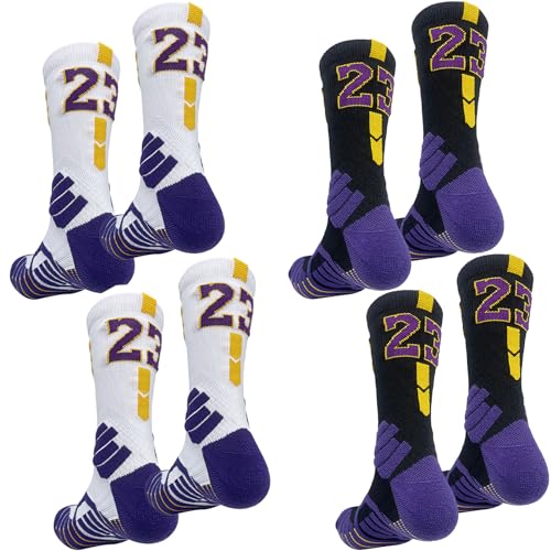 4 Paare Fußballsocken Football Socks für Herren Damen, Sportsocken Fussball Anti Rutsch Grip Fußball Socken 39-46 Rutschfeste Sportsocken für Fussball Basketball Laufen (2 Weiß Lila, 2 Schwarz Lila) von ANBOO