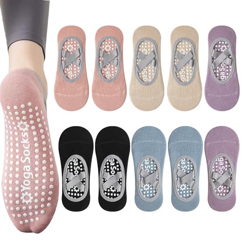 ANBOO 5 Paar Yoga Socken Anti Rutsch Damen, Anti Rutsch Sportsocken Damen, Einfach Anzuziehen Stoppersocken Yoga Socken Damen für Pilates, Barre, Ballett, Yoga, Tanz von ANBOO