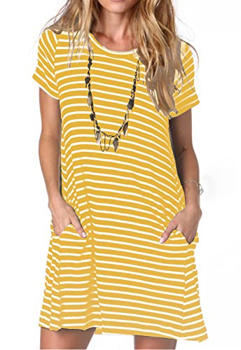 ANCAPELION A-Linie Minikleid Kurz Sommerkleid Lose Tunika Rundhals Langes Shirt Streifen Damen Kurzarm T-Shirt Kleid Freizeitkleid XXL von ANCAPELION