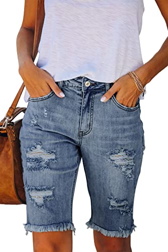 ANCAPELION Bermuda Shorts Damen,High Waist Skinny Zerrissene Rohem Saum Klassische Bermuda Denim Shorts,A-Authentisches Blau L von ANCAPELION