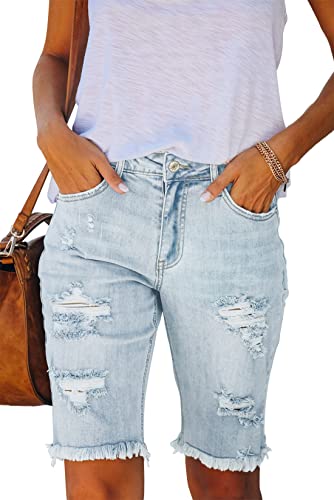 ANCAPELION Bermuda Shorts Damen,High Waist Skinny Zerrissene Rohem Saum Klassische Bermuda Denim Shorts,A-Helles Indigo Blau L von ANCAPELION