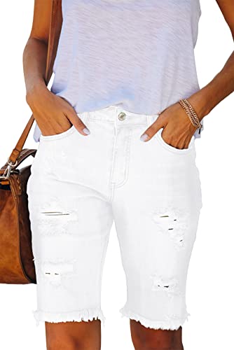 ANCAPELION Bermuda Shorts Damen,High Waist Skinny Zerrissene Rohem Saum Klassische Bermuda Denim Shorts,A-Weiß L von ANCAPELION