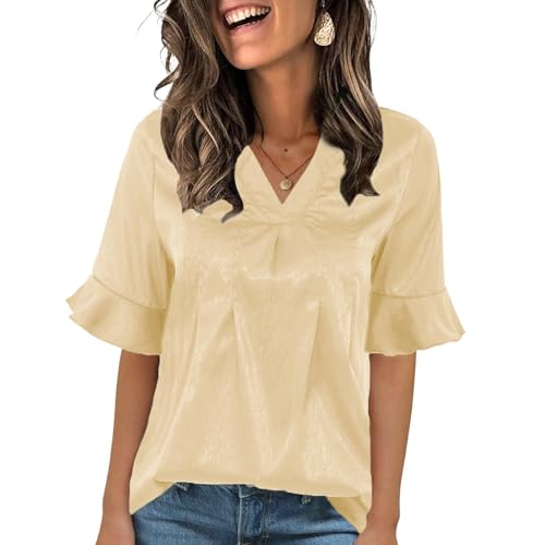 ANCAPELION Blusen für Damen Casual T-Shirt Kurzarm Sommer Tops V-Ausschnitt Basic Tunika Ausgestelltes Top mit Rüschenärmeln Khaki XXL ANCAPELION Blusen für Damen Casual T-Shirt Kurzarm Sommer Tops V-Ausschnitt Basic Tunika Ausgestelltes Top mit Rüschenärmeln Khaki XXL von ANCAPELION