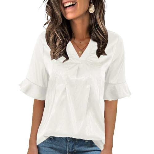 ANCAPELION Blusen für Damen Casual T-Shirt Kurzarm Sommer Tops V-Ausschnitt Basic Tunika Ausgestelltes Top mit Rüschenärmeln Weiß M ANCAPELION Blusen für Damen Casual T-Shirt Kurzarm Sommer Tops V-Ausschnitt Basic Tunika Ausgestelltes Top mit Rüschenärmeln Weiß M von ANCAPELION
