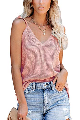 ANCAPELION Damen Cami Tank Top Sommer V-Ausschnitt Stricken Weste Ärmellose Shirt Elegant Oberteile Rosa L von ANCAPELION